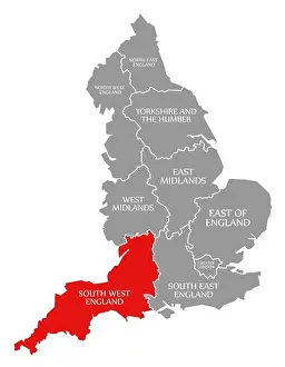 Counties Prints: South West England red highlighted in map of England UK