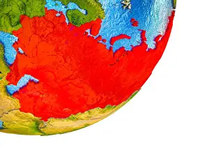 Communist Prints: Former Soviet Union on 3D model of Earth with water and divided countries. 3D illustration