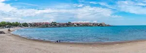Deckchair Prints: Sozopol, Bulgaria, May 26, 2020: Central beach of the bulgarian town Sozopol