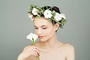 Pampering Prints: Spa Model Woman Holding White Flower in her Hand