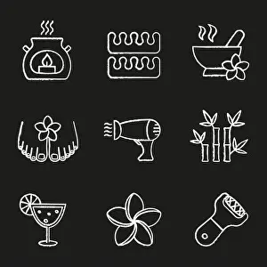 Manicure Prints: Spa salon chalk icons set. Aromatherapy candle