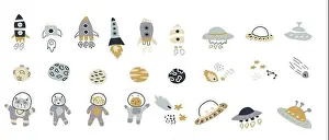 Isolated Vector Vectors Prints: Space bundle. Cosmic objects and childrens animal characters