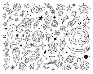Drawing Hand Prints: Space doodles, cute stars and planets sketch drawings