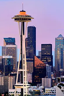 Nightfall Prints: Space Needle and high rise buildings in Seattle city skyline at sunset