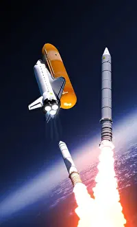 Columbia Prints: Space Shuttle Solid Rocket Boosters Separation Over Clouds. 3D Illustration