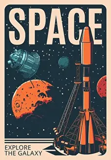 Spaceship at the launch pad. Retro poster with vector rocket carrier