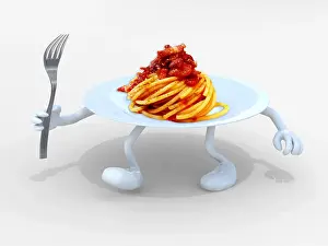 Meaning Prints: spaghetti pasta dish with arms, legs and fork on hand, 3d illustration