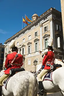 Ascension Prints: SPAIN Barcelona Mounted band members on white horses red uniform