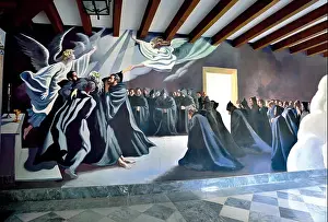 Spirituality Prints: Spain, Galicia: Wall painting at the cloister of the Monastery of Samos showing the Ascension of St