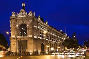 Hispanic Ethnicity Prints: Spain, Madrid, Plaza de Cibeles, Banco de Espana building, dusk