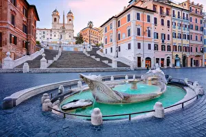 Gateway Prints: Spanish Steps, Rome. Cityscape image of Spanish Steps and Barcaccia Fontain in Rome
