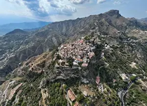 Scenic Countryside Prints: Spectacular aerial views of Taormina and Castelmola Medieval Villages in Sicily, Italy