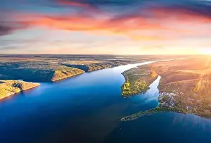 Dnister Prints: Spectacular evening view from flying drone of Dnister river