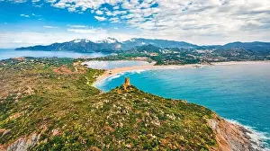 Giunco Prints: Spectacular summer view from flying drone of Torre di Porto Giunco tower on Carbonara cape