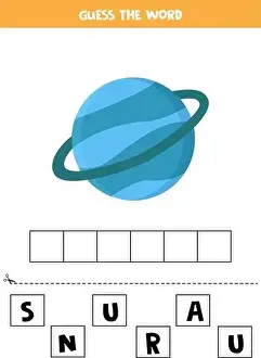 Spell the word Uranus. Vector illustration of planet Uranus. Spelling game for kids