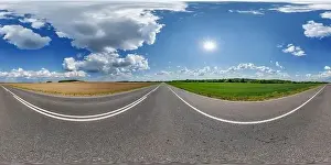 Spherical Prints: spherical 360 hdri panorama on old asphalt road with clouds and sun on blue sky in equirectangular seamless projection