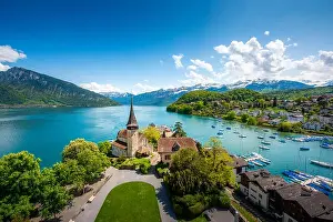 Bern Prints: Spiez castle on lake Thun in Spiez in the Bernese Oberland of Switzerland