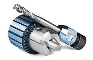 Chuck Prints: Spiral flute tap and chuck with jaws on white background