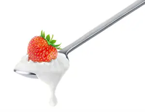 Isolate Prints: Spoon of strawberry yogurt isolated on white