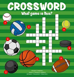 Board Game Prints: Sport balls, crossword puzzle worksheet to find word