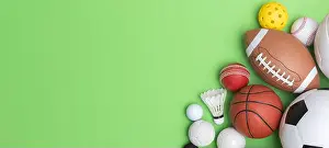 Team Sport Prints: Sports equipment, balls on green background