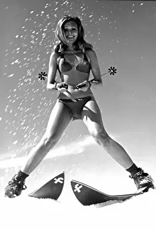 sports, winter sports, skiing, young woman in bikini, 1960s, ADDITIONAL-RIGHTS-CLEARANCE-INFO-NOT-AVAILABLE