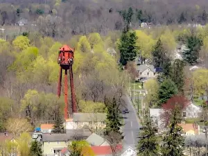 Water Tower Prints: Spring afternoon aerial photo of the water tower located in the hamlet of Wallkill