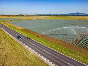 Sprinkler with irrigation for an agricultural field next to a road with a car in the hot summer