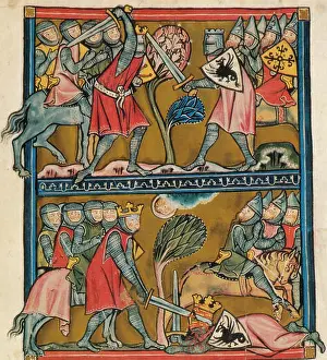 Revival Prints: Spurred by an angel Charlemagne beats Baligant the Emir of Babylon; miniature in a manuscript of about 1290