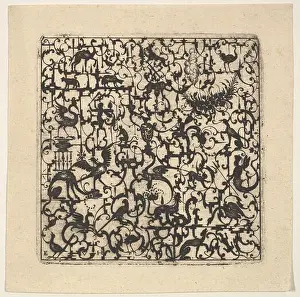 Square Blackwork Design in Silhouette Style with Schweifwerk