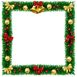 Square Christmas tree wreath border frame decoration festive design background with bauble balls hanging from trees branches
