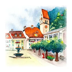 Sketching Prints: Square and Church in Old City of Unterseen Interlaken, Switzerland