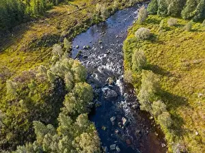 Top down square panorama drone shoot over River Moriston at early autumn near Loch Cluanie in the Northwest Highlands