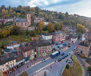 Square panoramic drone shoot over centre of historic Victorian town at autumn. Ironbridge in Shropshire, UK