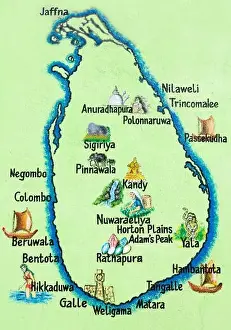 Sight Seeing Prints: Sri Lanka, Asia, Hikkaduwa - Painted map of the Sri Lankan island