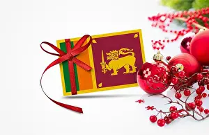 Lankan Prints: Sri Lanka flag on new year invitation card with red christmas ornaments concept