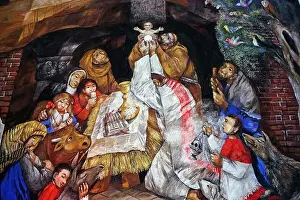 St. Francis celebrates Christmas in Greccio fresco by Sieger Koder in the Chapel of St. Francis in Ellwangen, Germany