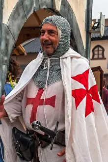 Fancy Dress Prints: St George Crusdader medieval knight wearing a white tunic with red cross