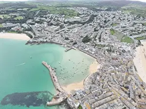 St Ives Cornwall UK Overhead birds eye drone aerial view