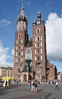 Market Square Prints: St. Mary's Basilica at market square old town krakow, lesser poland, poland, europe
