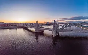 Saint Petersburg Prints: St. Petersburg Russia. Aerial panoramic view from drone to Peter the Great bridge of white nights