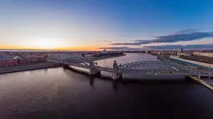 Saint Petersburg Prints: St. Petersburg Russia. Aerial panoramic view from drone to Peter the Great bridge of white nights