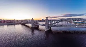 Saint Petersburg Prints: St. Petersburg Russia. Aerial panoramic view from drone to Peter the Great bridge of white nights