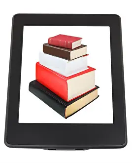 Reader Prints: stack of books on screen of e-book reader isolated on white background