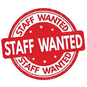 Hire Prints: Staff wanted sign or stamp on white background, vector illustration