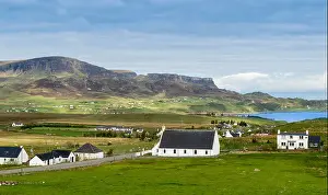 Isle Of Skye Prints: STAFFIN VILLAGE AND RANGE OF HILLS THE TROTTERNISH RIDGE BEHIND THE HOUSES ON THE ISLE OF SKYE SCOTLAND