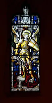 Gothic Revival Prints: Stained Glass Window depicting the Archangel Michael as a warrior slaying the serpent
