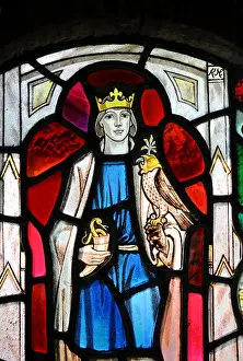 Abbey Prints: Stained glass window depicting King Edward The Martyr in the shrine which once housed his relics in the ruins of