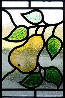 Ribs Prints: A stained-glass window, part of a door, with a pear motif