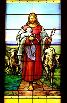 Comforting Prints: Stained glass window of Jesus the good shepherd carrying a lamb. Minneapolis Minnesota USA